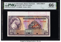 Nicaragua Banco Nacional 50 Cordobas 1929 Pick 68s1 Specimen PMG Gem Uncirculated 66 EPQ. Selvage included, red Specimen overprints and three POCs are...