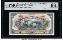 Nicaragua Banco Nacional 5 Cordobas 1945 Pick 93bs Specimen PMG Gem Uncirculated 66 EPQ. Red Specimen overprints and three POCs are present on this ex...