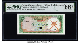 Oman Oman Currency Board 1/4 Rial Omani ND (1973) Pick 8cts Color Trial Specimen PMG Gem Uncirculated 66 EPQ. Red Specimen overprints and one POC pres...