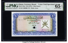 Oman Oman Currency Board 1 Rial Omani ND (1973) Pick 10cts Color Trial Specimen PMG Gem Uncirculated 65 EPQ. Red Specimen overprints and one POC prese...