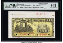 Paraguay Republica del Paraguay 10 Pesos 14.7.1903 Pick 109s2 Specimen PMG Choice Uncirculated 64. Selvage included, staple holes, red Specimen overpr...