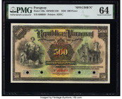 Paraguay Republica del Paraguay 500 Pesos 30.12.1920 Pick 148s Specimen PMG Choice Uncirculated 64. Red Specimen overprints and four POCs are present ...