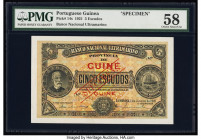 Portuguese Guinea Banco Nacional Ultramarino, Guine 5 Escudos 1.1.1921 Pick 14s Specimen PMG Choice About Unc 58. Red Specimen overprints and a perfor...