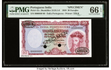 Portuguese India Banco Nacional Ultramarino 30 Escudos 2.1.1959 Pick 41s Jhunjhunwalla-Razack 12.35.1-6 Specimen PMG Gem Uncirculated 66 EPQ. Black Sp...