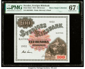 Sweden Sveriges Riksbank 100 Kronor 1952 Pick 36ah PMG Superb Gem Unc 67 EPQ. This example holds the highest grade in the PMG Population Report at the...