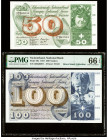 Switzerland National Bank 50; 100 Franken 24.1.1972; 7.3.1973 Pick Pick 48l; 49o Two Examples About Uncirculated; PMG Gem Uncirculated 66 EPQ. 

HID09...