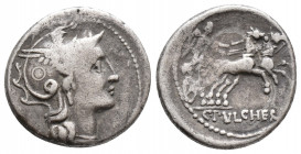 Roman Republic Appius Claudius Pulcher, T. Manlius Mancius and Q. Urbinius AR Denarius, 111-110 BC (3.9 gr, 18.3 mm)
