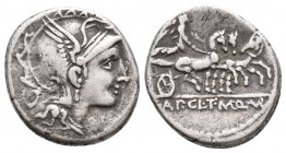 Roman Republic Appius Claudius Pulcher, T. Manlius Mancius, and Q. Urbinius AR Denarius (3.9 gr, 17.5 mm)