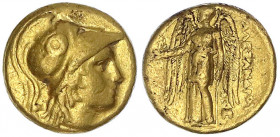 Makedonien
Alexander III. der Große 336-323 v. Chr
Stater 330/323 v. Chr., Milet (?). Athenakopf mit korinthischem Helm r./Nike steht l., rechts unt...