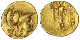Makedonien
Alexander III. der Große 336-323 v. Chr
Stater 330/323 v. Chr., Memphis (?). Athenakopf mit korinthischem Helm r./Nike steht l. 8,56 g.
...