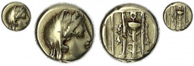Mysien
Mytilene auf Lesbos
Hekte (1/6 Stater) ELEKTRON 377/326 v.Chr. Demeterkopf r./Dreifuss. 2,51 g.
sehr schön. Bodenstedt 91.