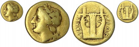 Sizilien
Syrakus
Agathokles 317-289 v. Chr
12 1/2 Litrai 310/305 v. Chr. Kopf des Apoll l./Lyra. 1,81 g.
schön/sehr schön. SNG ANS 617.