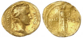 Kaiserzeit
Augustus, 27 v. Chr. - 14 n. Chr
Aureus 11/10 v. Chr. Lugdunum. Belorbeerter Kopf r./IMP XII ACT. Apollo Citharoedus mit Lyra und Plectru...