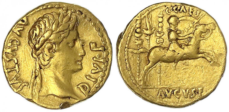Kaiserzeit
Augustus, 27 v. Chr. - 14 n. Chr
Aureus 8 v. Chr. Lugdunum. Belorbe...
