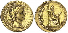 Kaiserzeit
Tiberius, 14-37
Aureus 14/37. Bel. Kopf r./PONTIF MAXIM. Livia sitzt r. 7,76 g.
sehr schön, kaum sichtbare Henkelspur. RIC 27.
