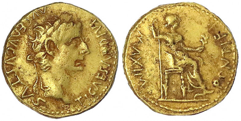 Kaiserzeit
Tiberius, 14-37
Aureus 14/37. Bel. Kopf r./PONTIF MAXIM. Livia sitz...
