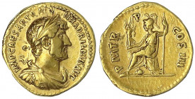 Kaiserzeit
Hadrian, 117-138
Aureus COS III = 119/127. IMP CAESAR TRAIAN HADRIANVS AVG. Drap., belorb. Brb. r./PM TRP COS III. Roma thront l., hält V...
