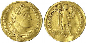 Kaiserzeit
Valentinian I., 364-375
Solidus 364, Antiochia. Diad. drap. Brb. r./RESTITVTOR REIPVBLICAE. Kaiser steht mit Standarte und Victoriola, im...