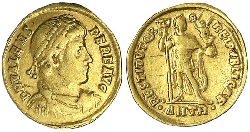 Kaiserzeit
Valens, 364-378
Solidus 365, Antiochia, 8. Offizin. Drap., diad. Br...