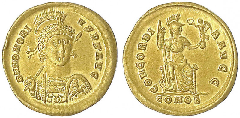 Kaiserzeit
Honorius, 393-423
Solidus 393/423, Constantinopel. 4,39 g.
sehr sc...