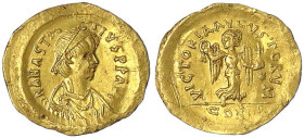 Kaiserreich
Anastasius, 491-518
Tremissis 491/518, Constantinopel. 1,45 g.
vorzüglich, kl. Kratzer im Gesicht. Sear 8. Ratto 328.