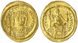Kaiserreich
Justinus II., 565-578
Solidus 565/578. Constantinopel, 4. Offizin. 4,45 g.
vorzüglich, Kratzer. Sommer 5.2. Sear 345.