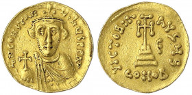 Kaiserreich
Constans II., 641-668
Solidus, Indiktionsjahr 5 = 646/647, Constantinopel, 6. Off. Brb. v.v./ Stufenkreuz. 4,48 g.
sehr schön. Sear 942...