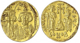 Kaiserreich
Constans II., 641-668
Solidus 659/668, Constantinopel, 4. Off. Brb. Constans und Constantin IV./beide Kaiser stehend neben Stufenkreuz. ...