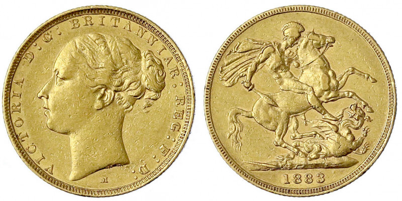 Australien
Victoria, 1837-1901
Sovereign 1883 M, Melbourne. 7,99 g. 917/1000....