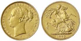 Australien
Victoria, 1837-1901
Sovereign 1883 M, Melbourne. 7,99 g. 917/1000.
vorzüglich/Stempelglanz. Spink. 3857A.