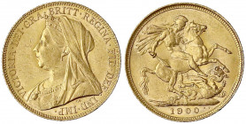 Australien
Victoria, 1837-1901
Sovereign 1900 M, Melbourne. 7,99 g. 917/1000.
vorzüglich/Stempelglanz. Spink. 3875.