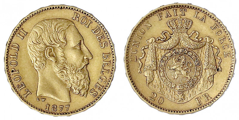 Belgien
Leopold II., 1865-1909
20 Francs 1877. 6,45 g. 900/1000.
vorzüglich. ...