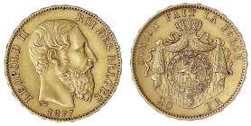 Belgien
Leopold II., 1865-1909
20 Francs 1877. 6,45 g. 900/1000.
vorzüglich. Krause/Mishler 37.
