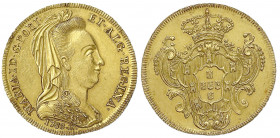 Brasilien
Maria I., 1786-1816
6400 Reis 1788 R, Rio de Janeiro. 14,36 g. 916/1000.
vorzüglich/Stempelglanz. Krause/Mishler 218.1. Friedberg 85.