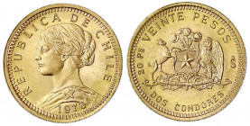 Chile
Republik, seit 1818
20 Pesos 1976. 4,06 g. 900/1000.
vorzüglich/Stempelglanz. Krause/Mishler 168.
