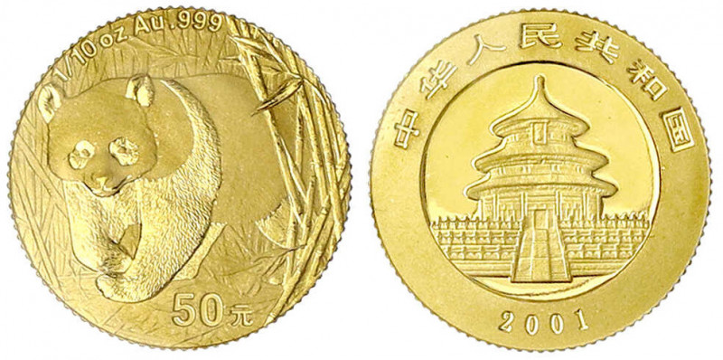 China
Volksrepublik, seit 1949
50 Yuan 2001. Panda, aus Bambuspflanzung hervor...