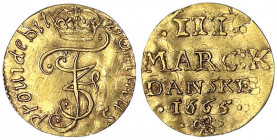 Dänemark
Frederik III., 1648-1670
III Marck Danske (1/4 Dukat) 1665. 0,88 g.
sehr schön/vorzüglich, gewellt, selten. Hede 40A. Friedberg 129.