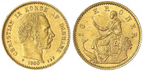 Dänemark
Christian IX., 1863-1906
10 Kronen 1900 VBP. 4,48 g. 900/1000.
vorzüglich/Stempelglanz. Friedberg 296. Hede 9B.