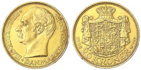 Dänemark
Frederik VIII., 1906-1912
20 Kronen 1908. 8,96 g. 900/1000.
vorzüglich, kl. Kratzer und Randfehler. Friedberg 297. Hede 1.