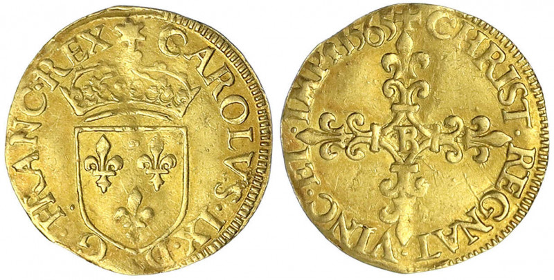 Frankreich
Charles IX., 1560-1574
Ecu d 'or 1565 B, Rouen. 3,31 g.
sehr schön...