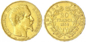 Frankreich
Napoleon III., 1852-1870
20 Francs 1854 A. 6,45 g. 900/1000.
fast sehr schön. Schön 102. Yeoman 35.1.
