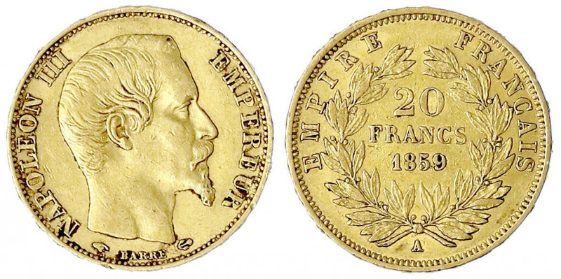 Frankreich
Napoleon III., 1852-1870
20 Francs 1859 A, Paris. 6,45 g. 900/1000....