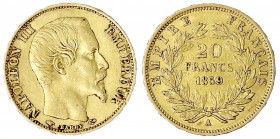 Frankreich
Napoleon III., 1852-1870
20 Francs 1859 A, Paris. 6,45 g. 900/1000.
sehr schön. Krause/Mishler 781.1. Friedberg 573.