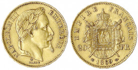 Frankreich
Napoleon III., 1852-1870
20 Francs 1869 BB, Straßburg. 6,45 g. 900/1000.
vorzüglich. Krause/Mishler 801.2.