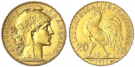Frankreich
Dritte Republik, 1871-1940
20 Francs Hahn 1911. 6,45 g. 900/1000.
vorzüglich. Friedberg 596a. Krause/Mishler 857.