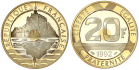 Frankreich
Fünfte Republik, seit 1958
20 Francs Trimetall 1992, Mont St. Michel. 12,66 g. 720/1000 Gold Center, 950/1000 Silber Innenring und 750/10...