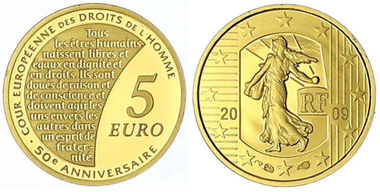 Frankreich
Fünfte Republik, seit 1958
5 Euro 2009 Säerin 1,24 g. Feingold. In ...