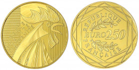 Frankreich
Fünfte Republik, seit 1958
250 Euro 2014, Hahn. 4,50 g. Feingold. In Schatulle Zertifikat.
Polierte Platte. Krause/Mishler 1586.