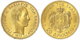 Griechenland
Georg I., 1863-1913
20 Drachmen 1876 A. 6,45 g. 900/1000.
sehr schön. Krause/Mishler 49. Friedberg 15.