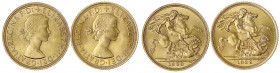 Grossbritannien
Elisabeth II., seit 1952
2 X 1 Pfund (Sovereign) 1958 und 1968, Drachentöter. Je 7,98 g. 917/1000.
beide prägefrisch. Seaby 4124.